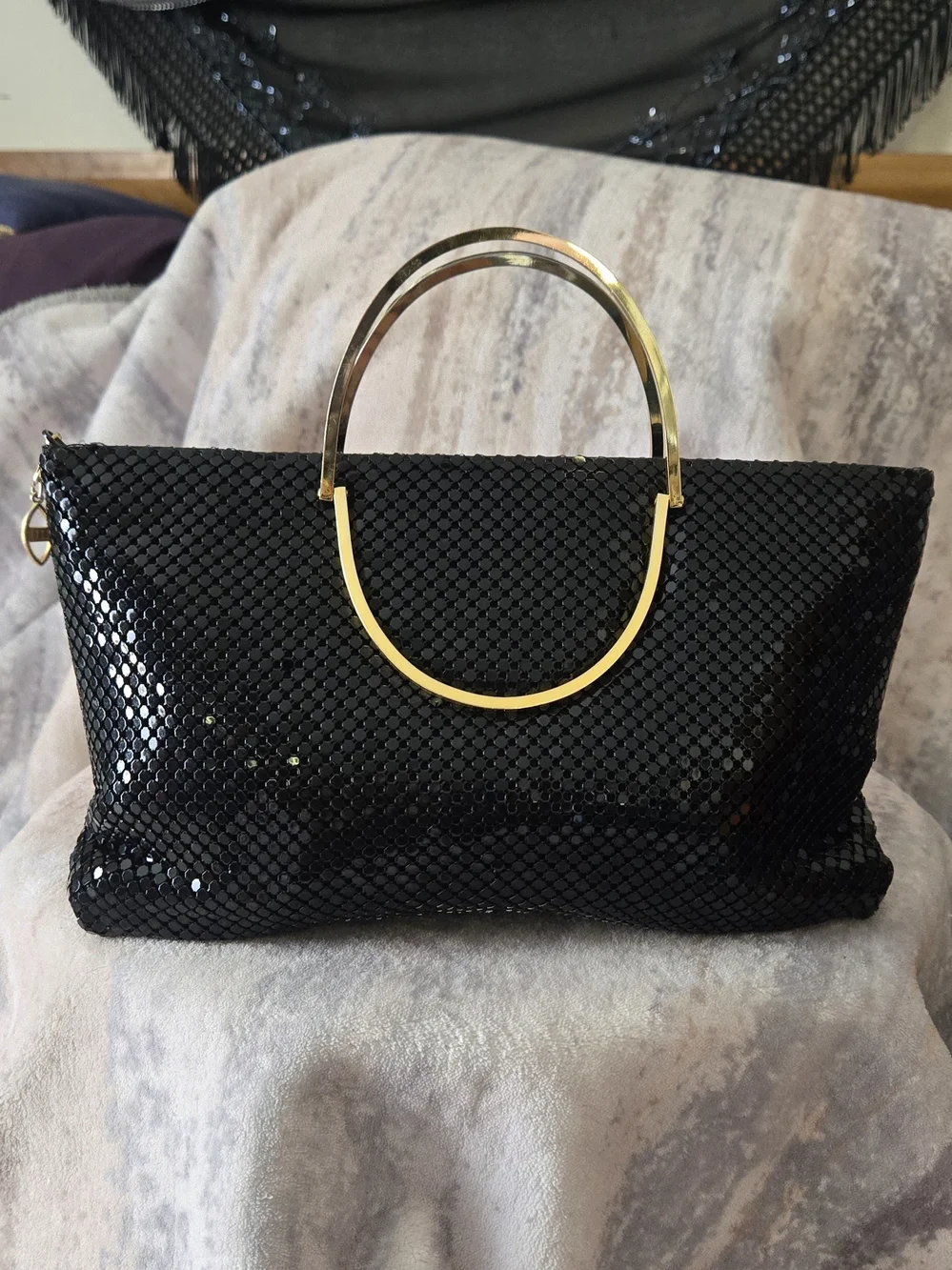 Black Metal Mesh Evening Bag Gold Ring Handle Chainmail Clutch Purse
